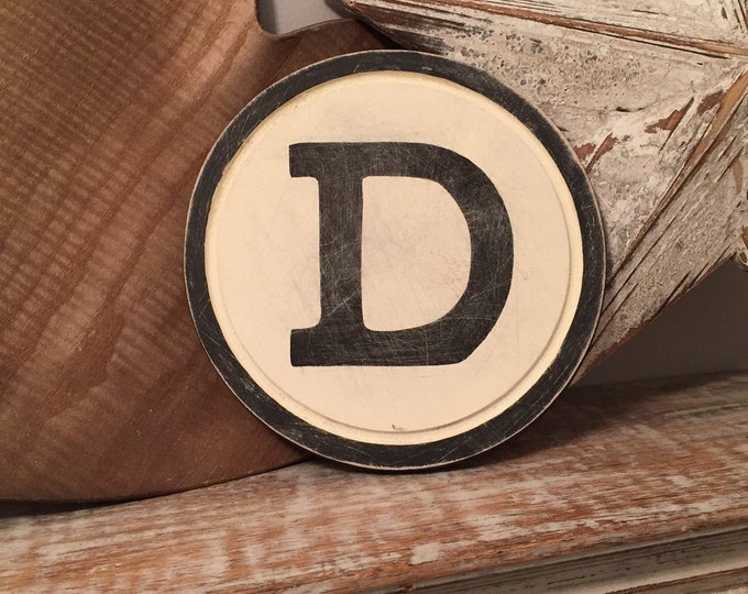 15cm Round Letter D Sign, Monogram, Initial, Wall Art, Home Decor, Rustic Letters, All letters available, inc ampersand, typewriter style