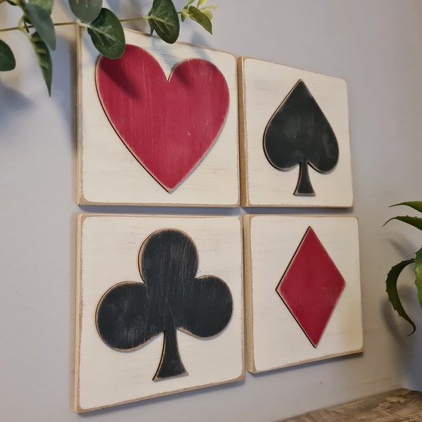 3D Playing Card Suit Signs - Set of 4 - wooden Card Symbols - Heart, Club, Diamond, Spade, Games Room Decor