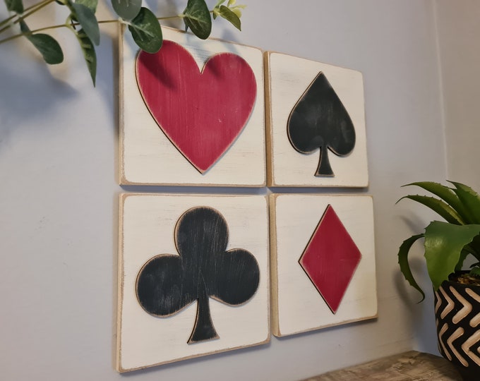 3D Playing Card Suit Signs - Set of 4 - wooden Card Symbols - Heart, Club, Diamond, Spade, Games Room Decor