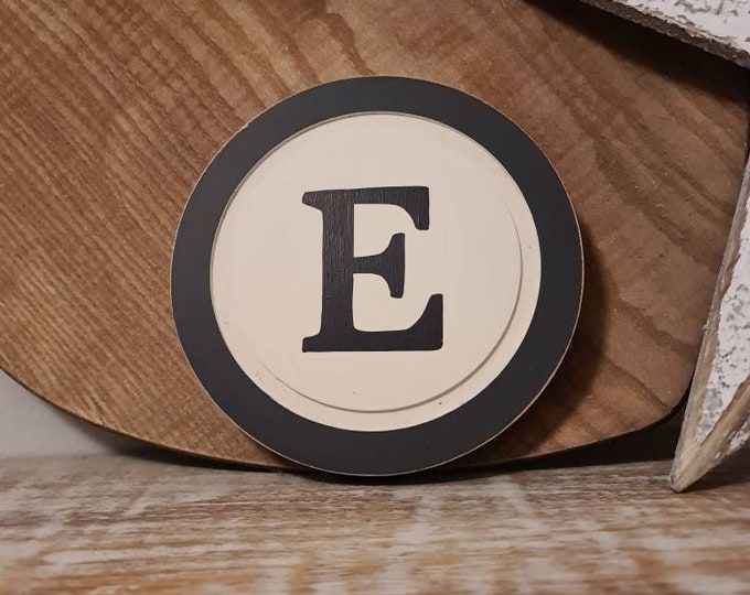 15cm Round Letter E Sign, Monogram, Initial, Wall Art, Home Decor, Rustic Letters, All letters available, slight distress, typewriter style