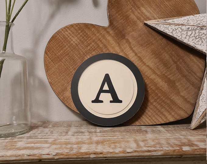 20cm Round Letter A Sign, Monogram, Initial, Wall Art, Home Decor, Rustic Letters, All letters available, inc ampersand, typewriter style