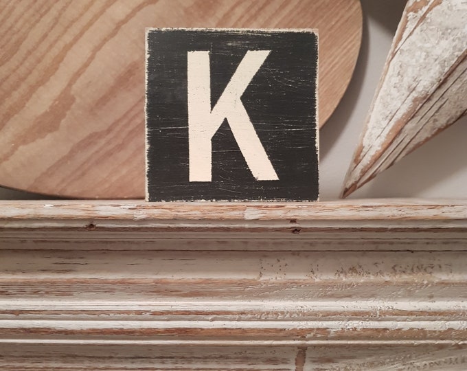 wooden sign, vintage style, personalised letter blocks, initials, wooden letters, monograms, letter K,  10cm square, hand painted