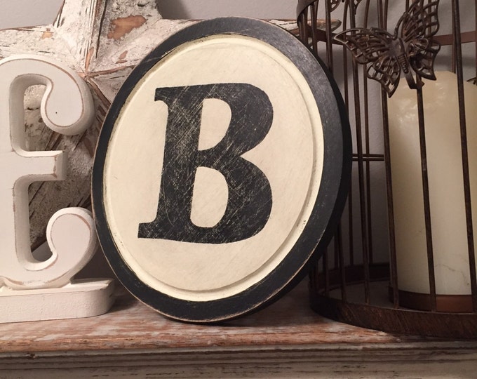 20cm Round Letter B Sign, Monogram, Initial, Wall Art, Home Decor, Rustic Letters, All letters available, inc ampersand, typewriter style