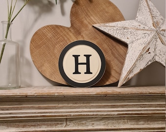 Rustic Letter H Sign: Cream & Black Monogram Wall Art
