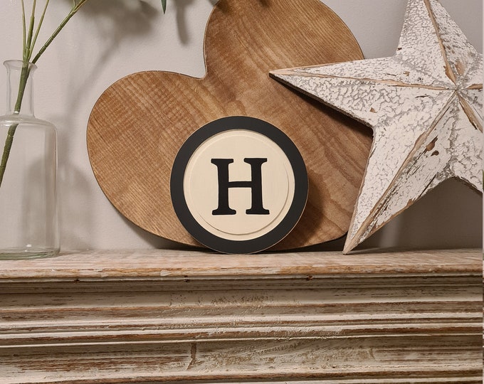 20cm Round Letter H Sign, Monogram, Initial, Wall Art, Home Decor, Rustic Letters, All letters available, inc ampersand, typewriter style