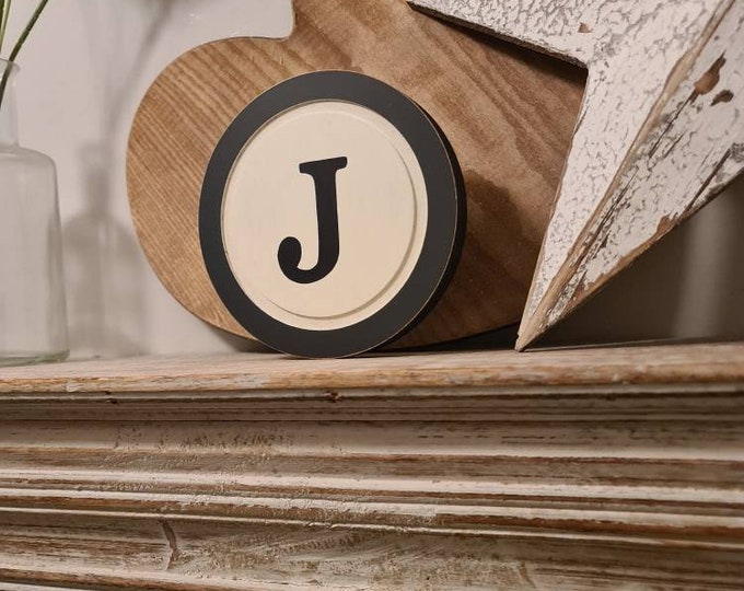 15cm Round Letter J Sign, Monogram, Initial, Wall Art, Home Decor, Rustic Letters, All letters available, slight distress, typewriter style