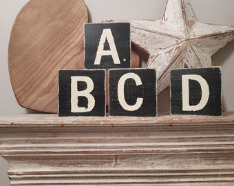 wooden sign, vintage style, personalised letter blocks, initials, wooden letters, monograms, 10cm square, hand painted, rustic