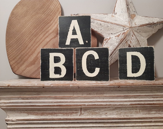 wooden sign, vintage style, personalised letter blocks, initials, wooden letters, monograms, 10cm square, hand painted, rustic