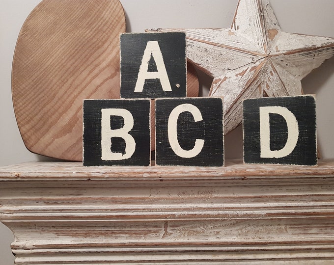 wooden sign, vintage style, personalised letter blocks, initials, wooden letters, monograms, 10cm square, hand painted, rustic