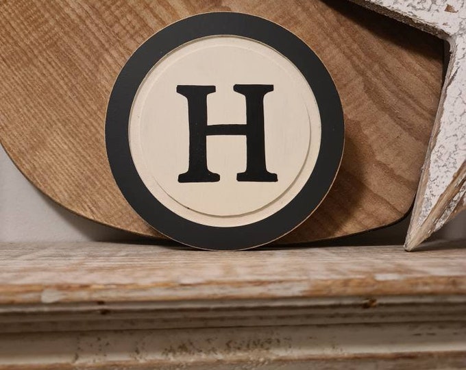 15cm Round Letter H Sign, Monogram, Initial, Wall Art, Home Decor, Rustic Letters, All letters available, slight distress, typewriter style