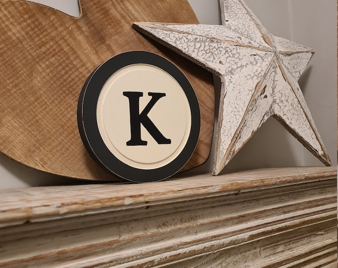 20cm Round Letter K Sign, Monogram, Initial, Wall Art, Home Decor, Rustic Letters, All letters available, inc ampersand, typewriter style