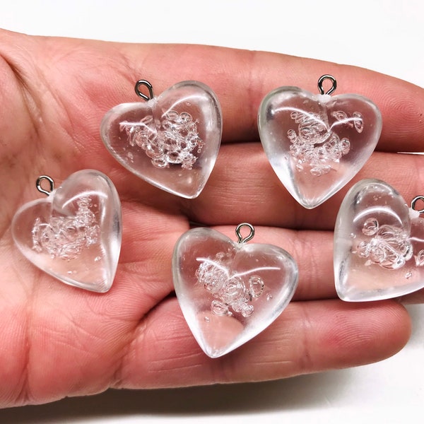 2pcs Vintage Clear Bubble Lucite Puffed Heart Pendants 3D Charms Jewelry Making