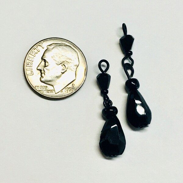 10 Vintage Jet Black Faceted linked Beads Drops Dangles Fire Czech Glass Beads 28mm NOS