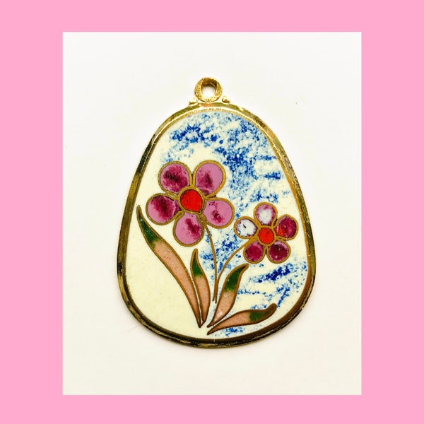 FAB!!! 70’s Vintage Enamel Flower Pendant Cottagecore Necklace Vintage Enamel Charm Cloisonné Pendant