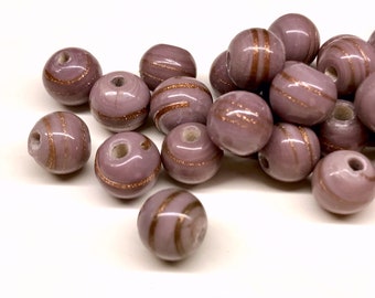 20pcs 9mm Round Light Purple Beads Copper Swirl Beads Opaque Purple Lampwork Glass Beads