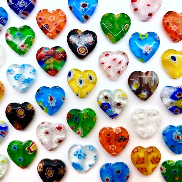 32pcs 12mm Colorful HEART Glass Millefiori Beads Glass Murano Lampwork Beads Glass Heart