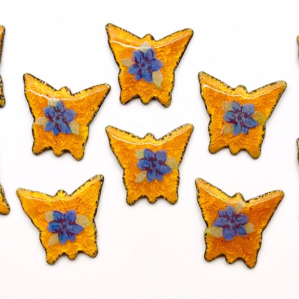 5pcs 13mm Orange Vintage Butterfly Guilloche cabochons, Enamel Flower Findings