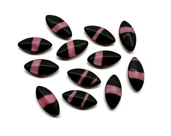 14pc 15x7 Bkack & Pink Matte Glass Navettes Rhinestones West Germany Unfoiled Opaque