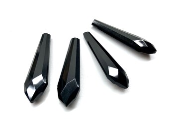 4pcs Vintage Czech Long Faceted Drops Jet Black Pendants Teardrop Top Drilled Chandelier Crystal