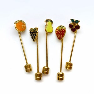 5pc Vintage Enamel Fruit Gold Stick Pin Set Orange Grapes Pear Strawberry Cherries