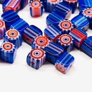 100pc Strand  4mm Small Blue Square Millefiori Beads Glass Murano Lampwork Beads Cube Glass Spacer Beads
