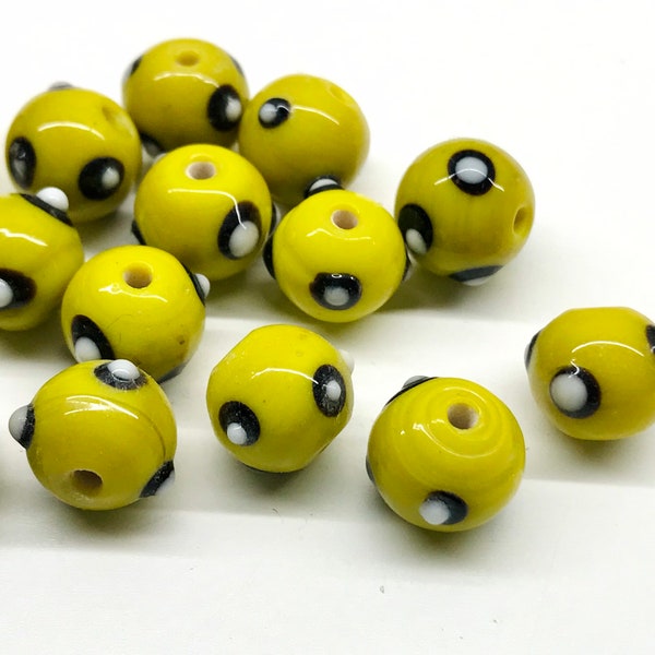 12pcs 9mm Vintage Yellow Chartreuse Glass Beads Black and White Polkadot Beads Lampwork Handmade India