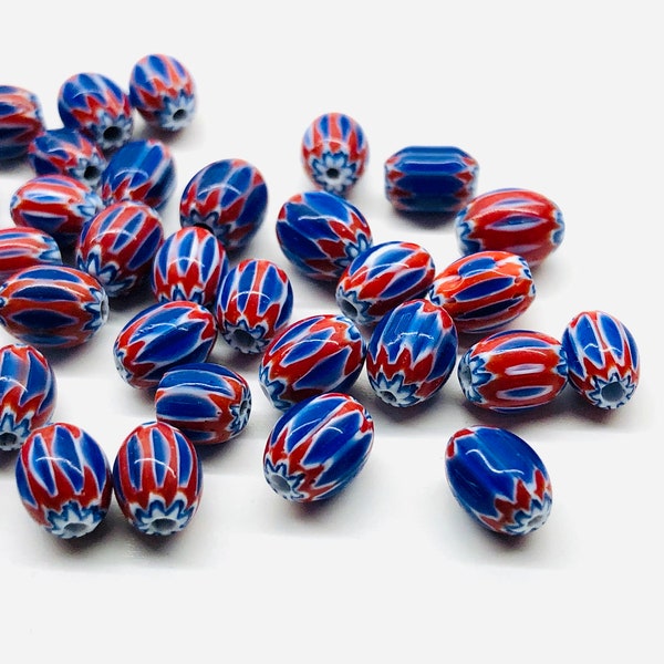 50pcs 7x5mm Small Red & Blue Chevron Beads Glass Trade Beads Handmade Lampwork Beads Red White