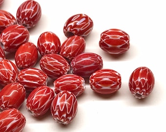 50pcs 7x5mm Small Red Chevron Beads Glass Trade Beads Handmade Lampwork Beads Red White