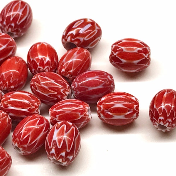 50pcs 7x5mm Small Red Chevron Beads Glass Trade Beads Handmade Lampwork Beads Red White