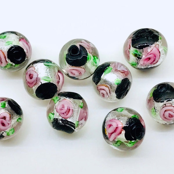 10pcs 12mm Lampwork Black Pink Silver Round Foil Glass Flower Beads Glass Rose Beads