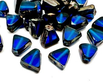 26pc Vintage Blue Glass Picasso Silver Edge Triangle Tablet Beads Made in India Handmade