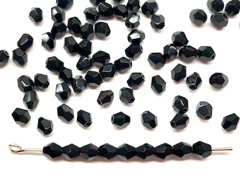 100pcd 4mm Small Vintage Jet Black Faceted Round Fire Polished Czech Glass Beads NOS