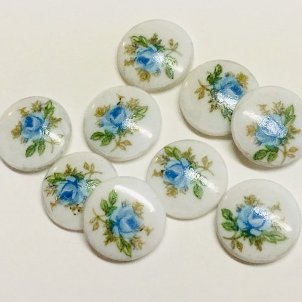 10 Vintage Ceramic Limoge Blue & White Rose Cabochons 10mm Round, Vintage Japanese Glass Flower Decal Cameos