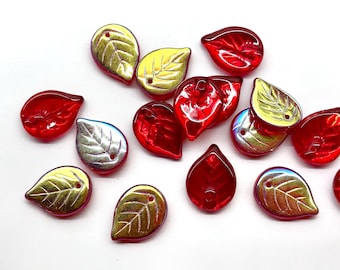 20pcs Czech Iridescent Red AB Leaf Beads - Top Drilled - Pressed Glass