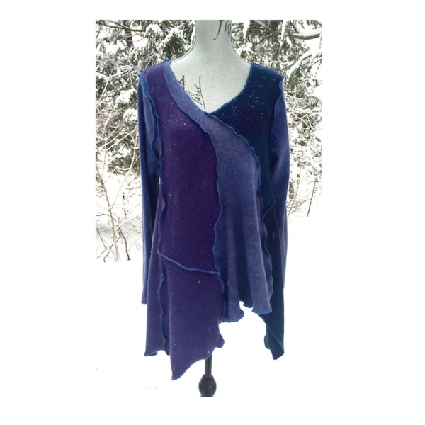 Handmade asymmetrical Upcycled Blue & Purple Cashmere Sweater Tunic