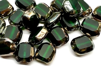 20pc Vintage Green Glass Picasso Silver Edge Tablet Beads Made in India Handmade