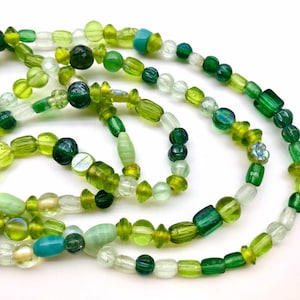 36” Strand Handmade Small Green Glass Beads from India Coin Teardrop Oval Necklace