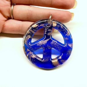 Large Gold Glitter Glass Dark Blue Peace Sign Pendant Glass Peace Necklace Lampwork Pendant