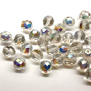50pcs 8mm Clear AB Crystal Faceted Round Fire Polished Czech Glass Beads NOS Bling