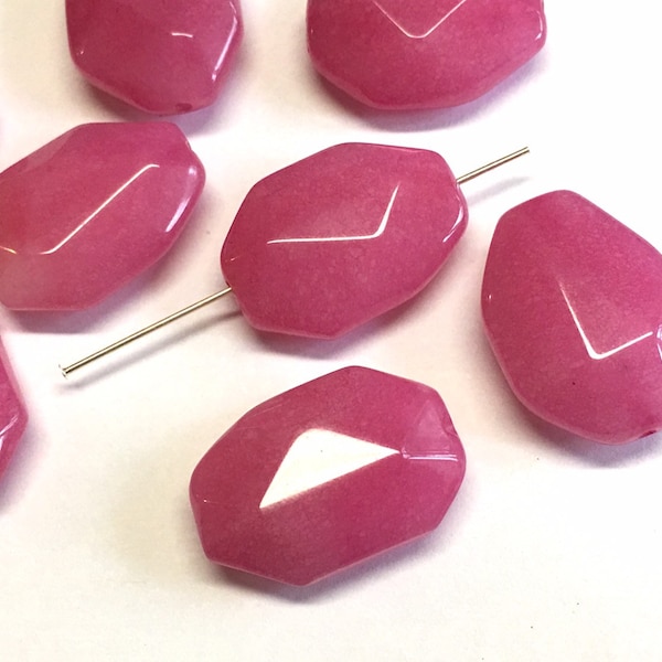 10 pcs - 25mm Large Rose Pink Jade Flat Oval Hexagonal Faceted Beads Pink Natural Stone Dyed Jade