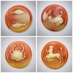 May include: Four round, orange-red, cameo-like buttons with white raised designs. The designs are the astrological signs of Pisces, Capricorn, Cancer, and Sagittarius.