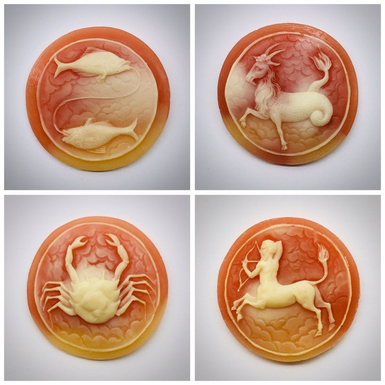 May include: Four round, orange-red, cameo-like buttons with white raised designs. The designs are the astrological signs of Pisces, Capricorn, Cancer, and Sagittarius.