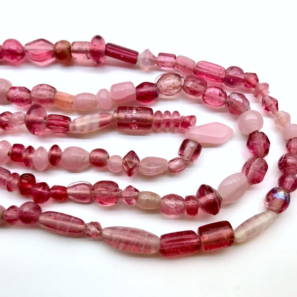 36” Strand Small Pink Glass Beads from India Coin Teardrop Oval Necklace