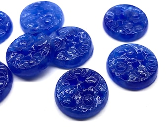 8pcs 18mm Vintage Blue Etched Glass Floral Cabochons Flatback Japan