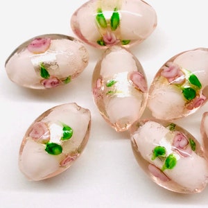 17mm Lampwork Pink Silver Oval Foil Glass Flower Beads Glass Rose Beads