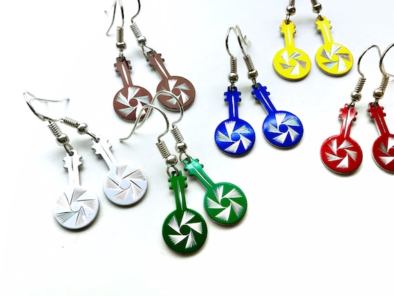 Vintage Banjo Earrings Bluegrass Folk Music Jewelry Silver Blue Green Yellow Etsy Australia