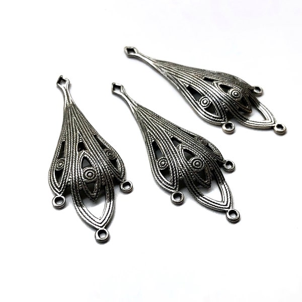 4pcs Art Deco 3 Hole Silver Chandelier Earring Findings Filigree Findings Charms Dangles Pendants Art Nouveau