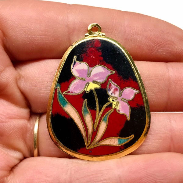 FAB!!! 70’s Vintage Asian Enamel Iris Pendant Necklace Vintage Enamel Charm Cloisonné Pendant