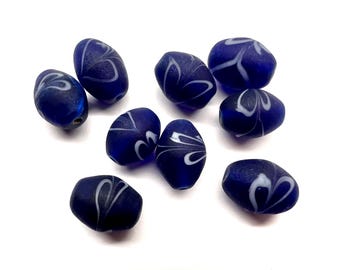 9pcs Blue Glass Feather Beads Venetian Glass Large Oblong Glass Beads