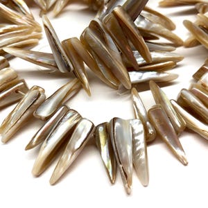 May include: Close-up of a necklace made of iridescent, elongated shell beads. The beads are a mix of cream, tan, and pearlescent white, with a natural, organic shape. The necklace is displayed on a white surface.